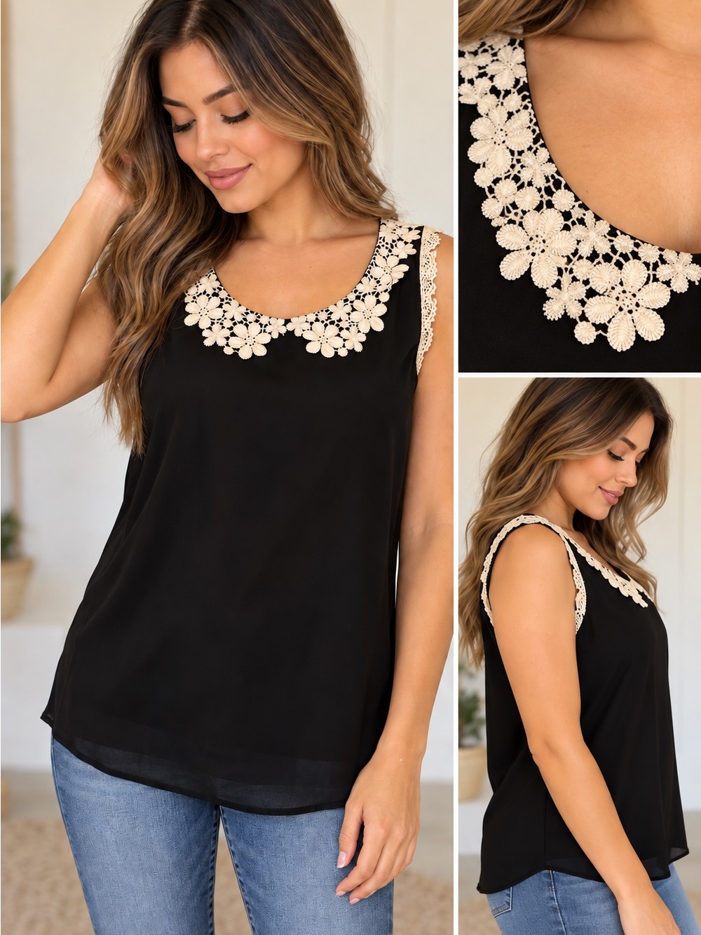 LC Lauren Conrad Black Camisole with Cream Floral Lace Trim